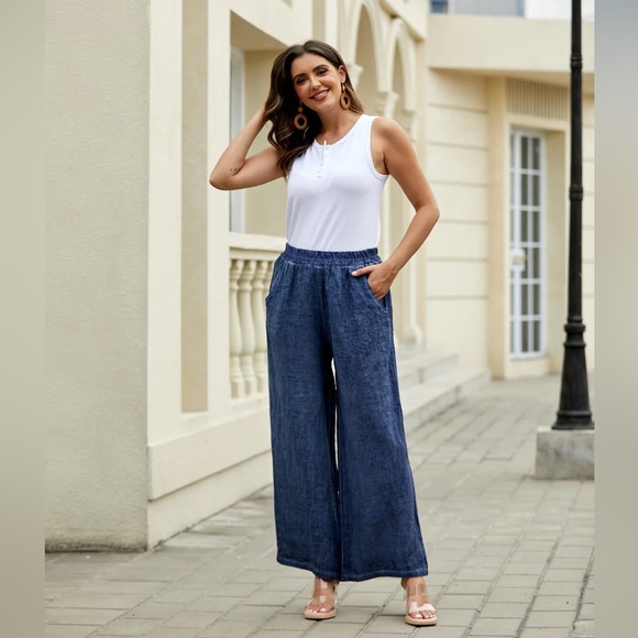 Sigrid Olsen Pants - Sigrid Olsen 100% linen Chambray Wide-Leg Pants